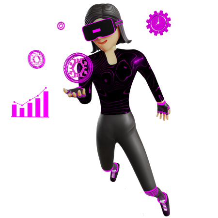 Woman With Crypto Coin On Metaverse  3D Illustration