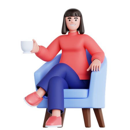 Woman With Cup of Drink Sitting on Sofa  3D Illustration