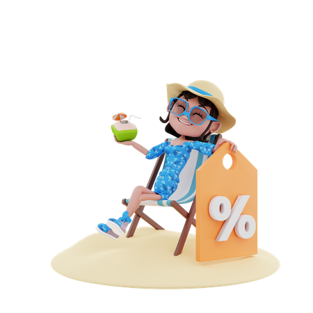 Woman with discount tag and coconut  3D Icon
