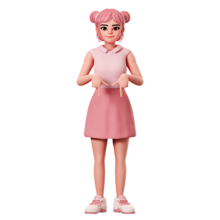 Woman With Double Buns Pointing To Down Side Using Both Hand 3D Icon