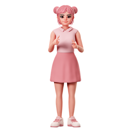Woman With Double Buns Pointing To Front Side Using Both Hand  3D Icon