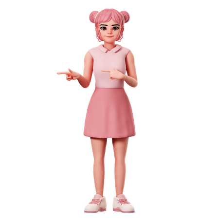 Woman With Double Buns Pointing To Left Side Using Both Hand  3D Icon