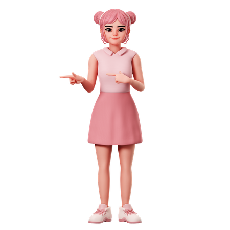 Woman With Double Buns Pointing To Left Side Using Both Hand  3D Illustration