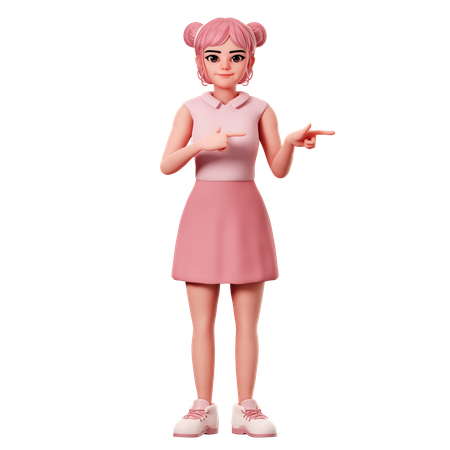 Woman With Double Buns Pointing To Right Side Using Both Hand  3D Icon