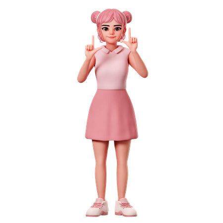 Woman With Double Buns Pointing To Top Side Using Both Hand  3D Icon