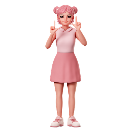 Woman With Double Buns Pointing To Top Side Using Both Hand  3D Illustration