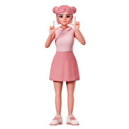 Woman With Double Buns Pointing To Top Side Using Both Hand  3D Illustration