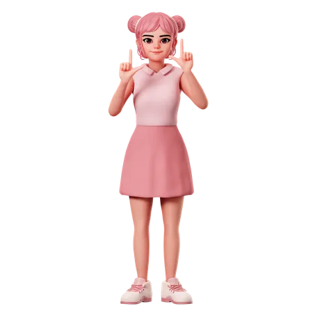 Woman With Double Buns Pointing To Top Side Using Both Hand  3D Illustration