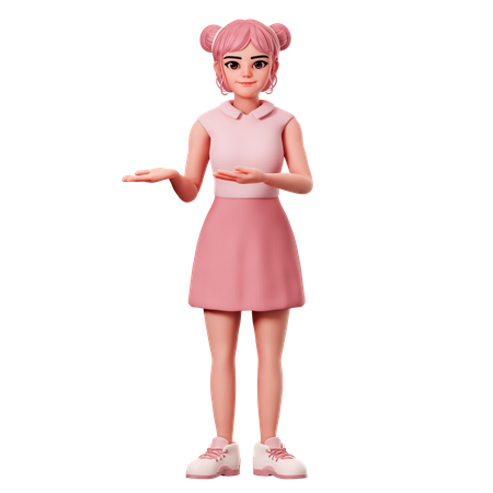 Woman With Double Buns Show Presenting Pose To Left Side Using Both Hand  3D Icon