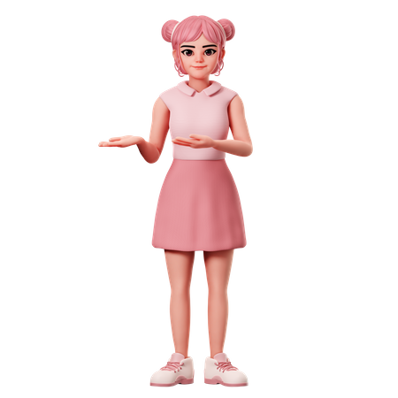 Woman With Double Buns Show Presenting Pose To Left Side Using Both Hand  3D Illustration