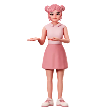 Woman With Double Buns Show Presenting Pose To Left Side Using Both Hand  3D Illustration