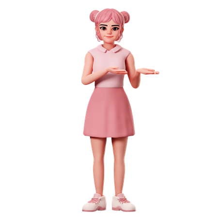Woman With Double Buns Show Presenting Pose To Right Side Using Both Hand  3D Icon