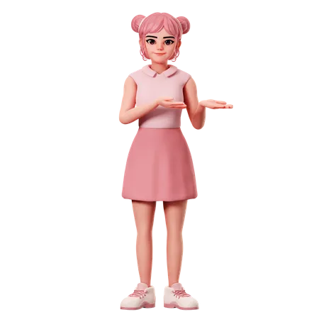 Woman With Double Buns Show Presenting Pose To Right Side Using Both Hand  3D Illustration