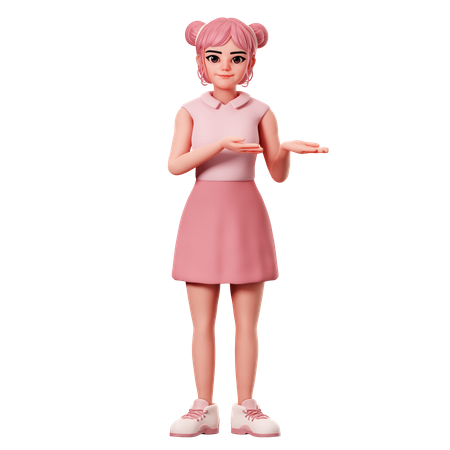 Woman With Double Buns Show Presenting Pose To Right Side Using Both Hand  3D Illustration