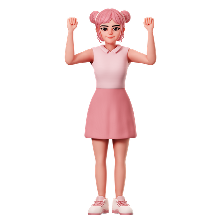 Woman With Double Buns Showing Hooray Hand Gesture  3D Icon