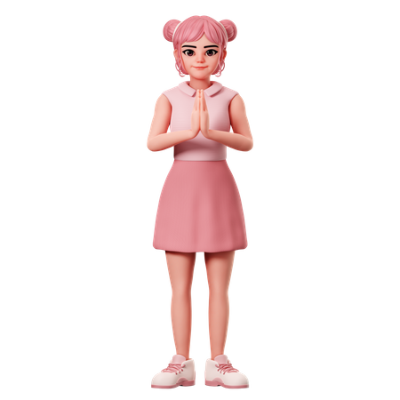 Woman With Double Buns Showing Namaste Hand Gesture  3D Icon