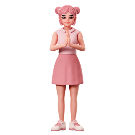 Woman With Double Buns Showing Namaste Hand Gesture  3D Illustration