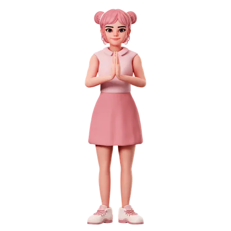 Woman With Double Buns Showing Namaste Hand Gesture  3D Illustration