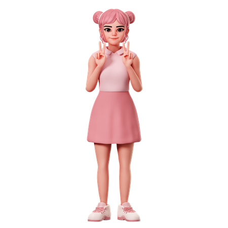 Woman With Double Buns Showing Peace Pose Using Both Hand  3D Icon