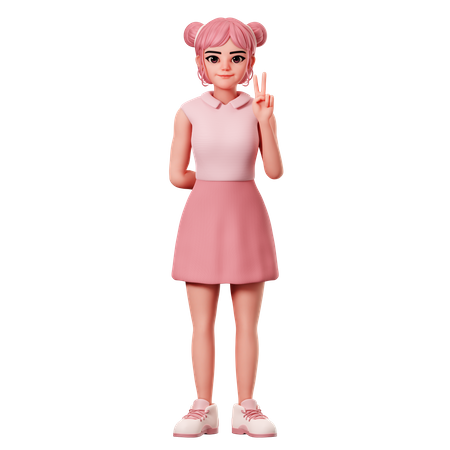Woman With Double Buns Showing Peace Pose Using Right Hand  3D Icon