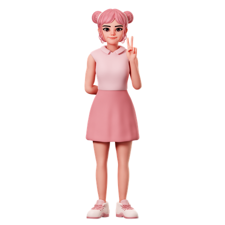 Woman With Double Buns Showing Peace Pose Using Right Hand  3D Illustration