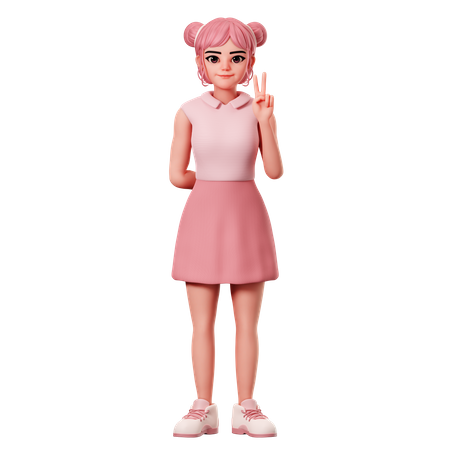 Woman With Double Buns Showing Peace Pose Using Right Hand  3D Illustration