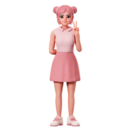 Woman With Double Buns Showing Peace Pose Using Right Hand  3D Illustration