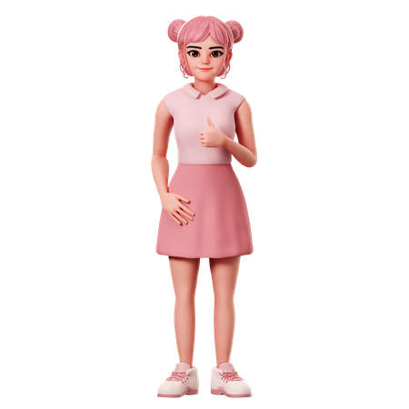 Woman With Double Buns Showing Thumbs Ups Pose Using Right Hand  3D Icon