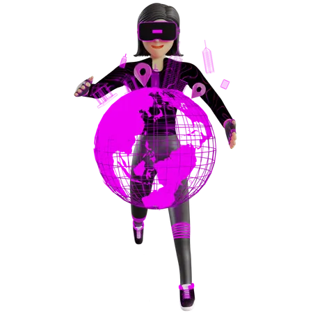 Woman With Globe On Metaverse  3D Illustration