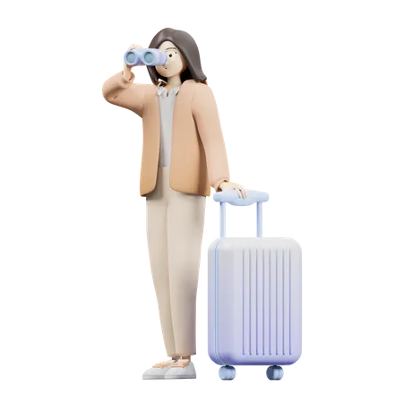 Woman with Luggage  For Trip  3D Illustration