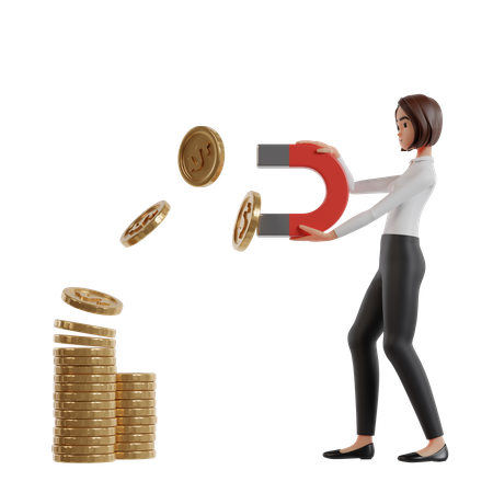 Woman With Magnet Attracts Dollar Coins  3D Icon
