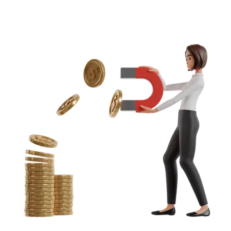 Woman With Magnet Attracts Dollar Coins  3D Illustration