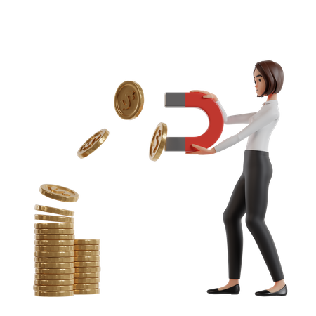Woman With Magnet Attracts Dollar Coins  3D Illustration