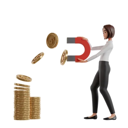 Business Woman In Work Clothes Attracts Dollar Coins With Big Red Magnet 3D Illustration