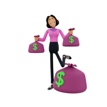 Woman with money bags  3D Illustration