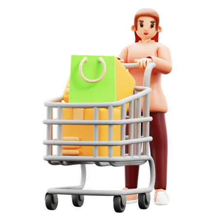Woman with shopping cart  3D Illustration