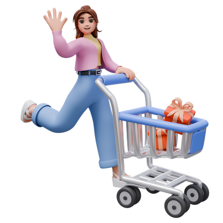 Woman With Shopping Cart While Waving Hand  3D Illustration