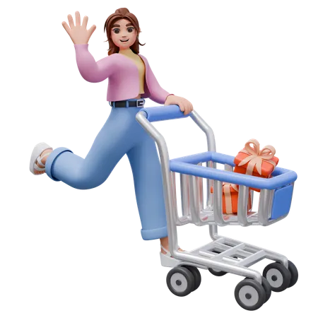 Woman With Shopping Cart While Waving Hand  3D Illustration