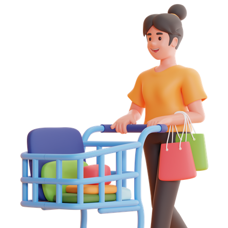 Woman with Shopping trolley  3D Illustration