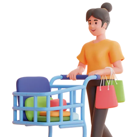 Woman with Shopping trolley  3D Illustration