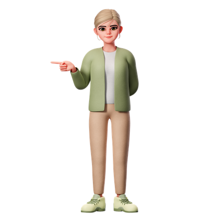 Woman With Well Dressed Pointing To Left Side With Left Hand  3D Illustration