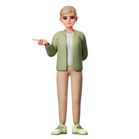 Woman With Well Dressed Pointing To Left Side With Left Hand  3D Illustration