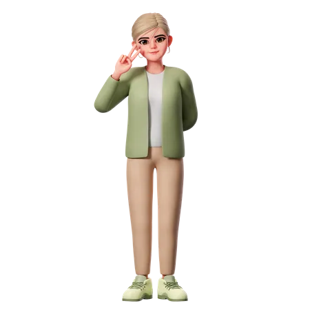 Woman With Well Dressed Showing Peace Pose Using Left Hand  3D Illustration