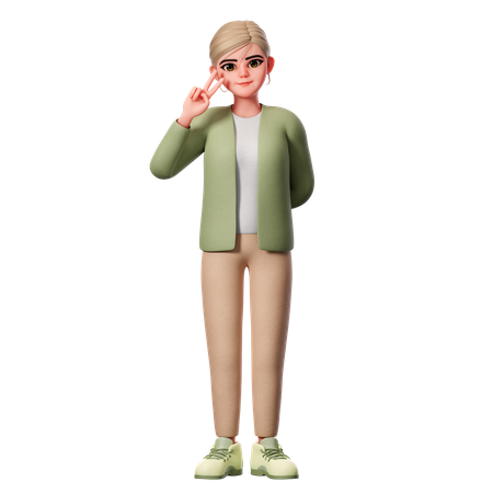 Woman With Well Dressed Showing Peace Pose Using Left Hand  3D Illustration