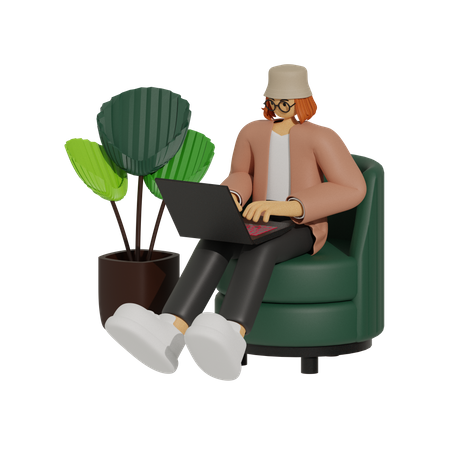 Woman woking on laptop  3D Icon