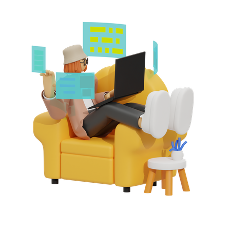 Woman Working from Sofa  3D Icon