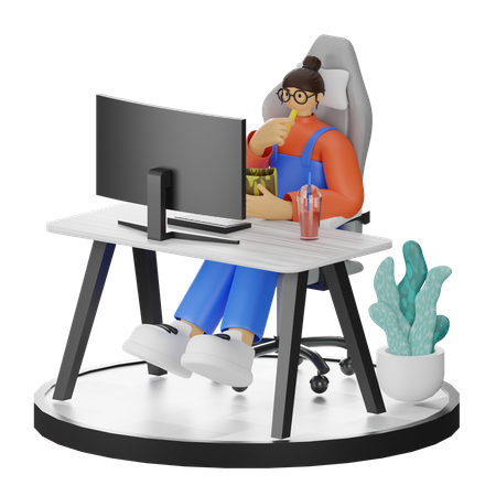 Woman working on computer while eating snack  3D Illustration