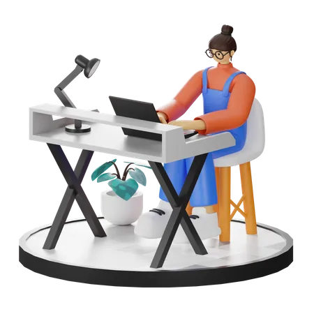 Woman Working On Desk  3D Illustration