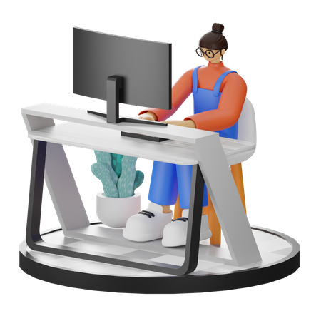 Woman Working On Desk  3D Illustration