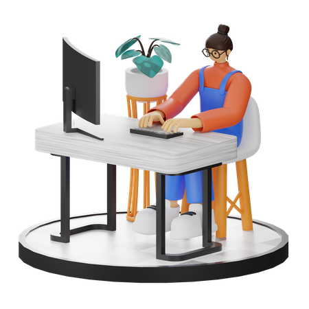 Woman Working On Desk  3D Illustration